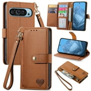 Wallet Case Compatible for Google Pixel 9 / 9 Pro Fold Case with Card Slots,Strap \u0026 Kickstand Leather with Zipper Shockproof Slim Cover Phone Case for Google Pixel 9 / 9 Pro Fold Wallet Case,Brown